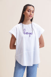 Purple leather women's short with distinctive hope-link metal necklace
